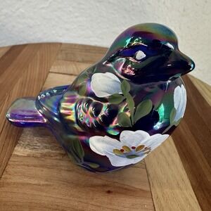 Fenton Blue Iridescent Carnival‎ Glass Bird 4.25" Floral Hand Painted Signed
